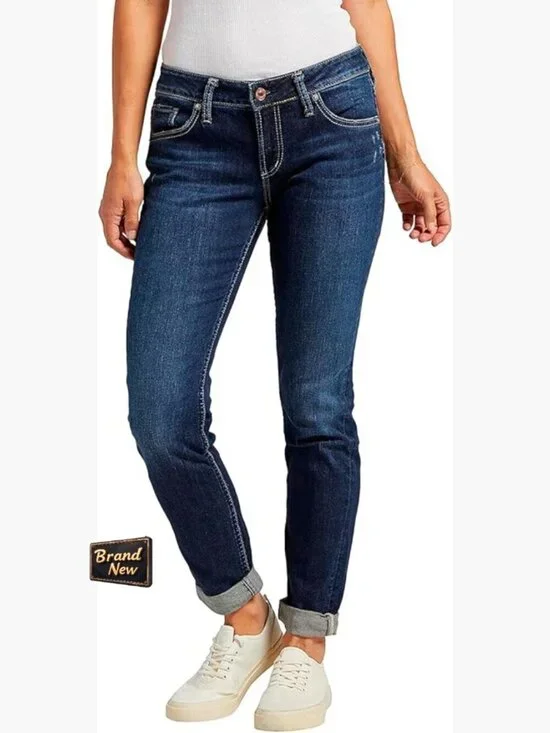 Women's Mid Rise Boyfriend Fit Denim Jeans Slim Leg