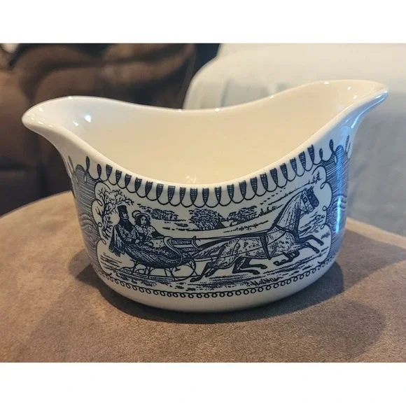 Vintage Collectible CURRIER AND IVES BLUE by Royal (USA) GRAVY BOAT
