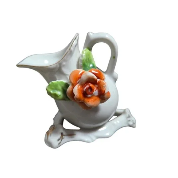 Vintage Red Letter Japan Miniature Porcelain Pitcher w/ Carved Rose On Branches