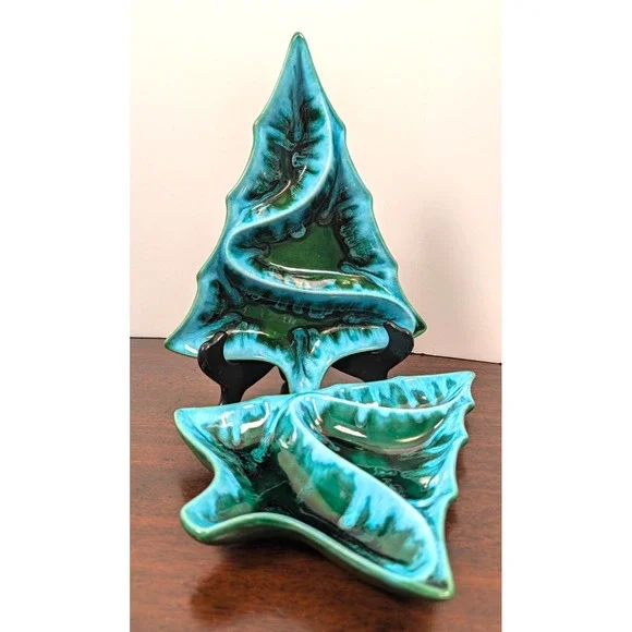 Vintage 1970s Handmade Ceramic Christmas Tree Divided Serving Tray Drip Glaze