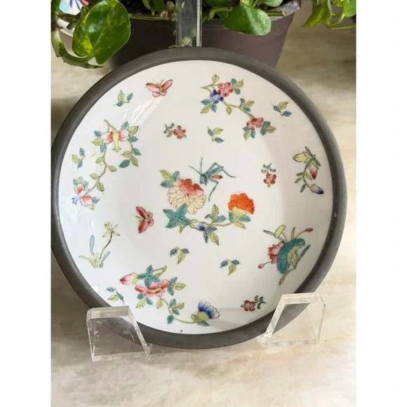 Vtg‎ Pewter Encased Porcelain Bowl Hong Kong Hand Painted Floral Butterfly 7.25