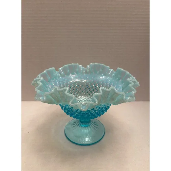 Fenton Blue Opalescent Hobnail Glass Ruffled Compote Pedestal‎ Candy Dish 8