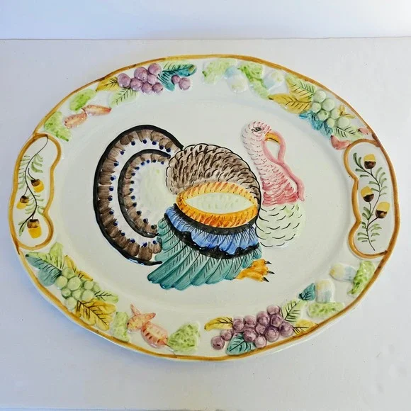 Vintage Nasco Italy Turkey Platter Hand Painted Ceramic Harvest Thanksgiving 20
