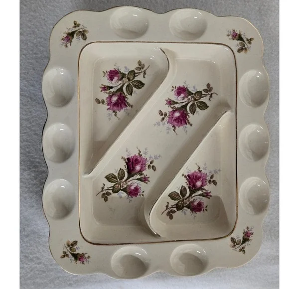 Vintage Deviled Egg Platter 12 Egg Rose Floral Divided Relish Serving Tray