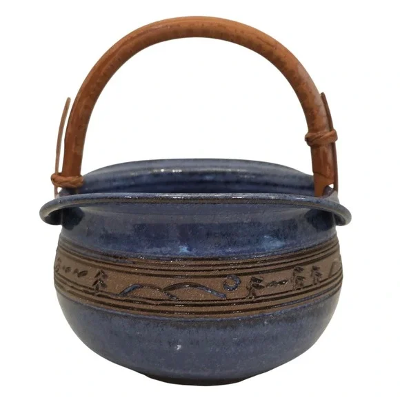 Groundhog Blue Studio Pottery Glazed Ceramic Bowl with Wood Handle Signed Basket
