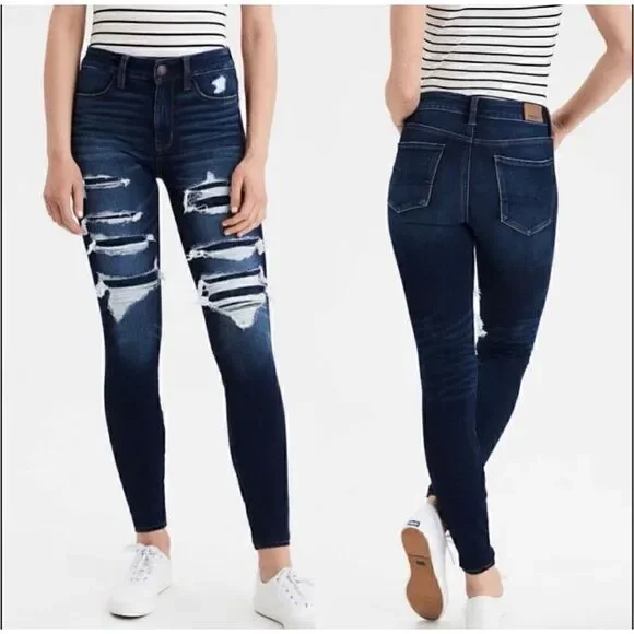 American Eagle Next Level Stretch Jeans Hi-Rise Jegging Dark Destroyed, 0 Short