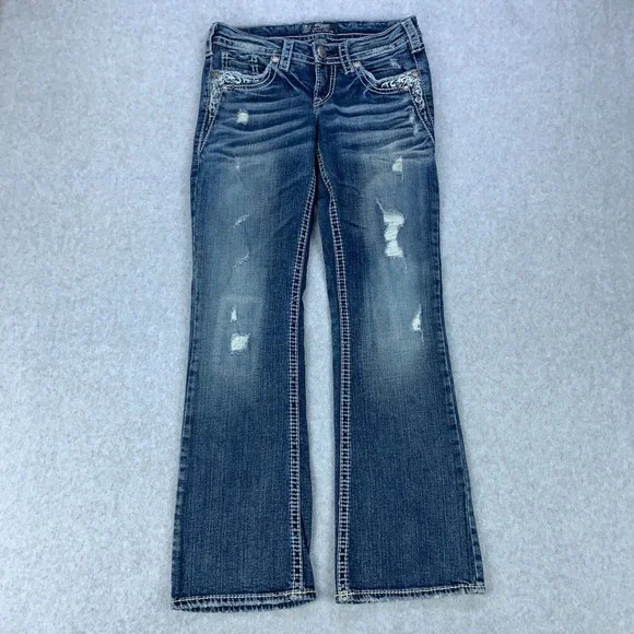 Silver Jeans Tuesday Low Boot Women 27 Blue Distressed Embroidered Bootcut Denim