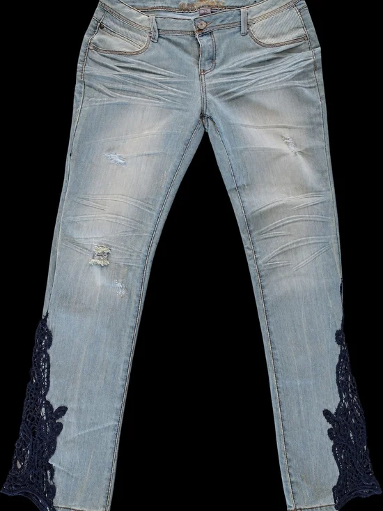 Light Wash Women's Jeans with Navy Crochet Hem