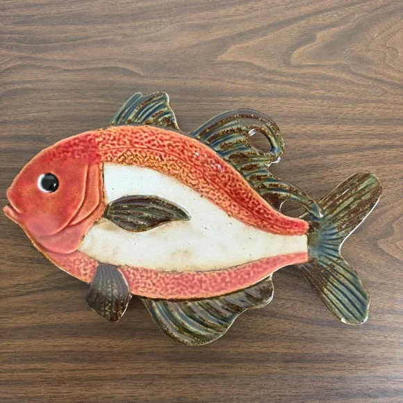 Pier 1 Imports Hand Painted Porcelain Fish Sushi Platter Red Brown Nautical READ