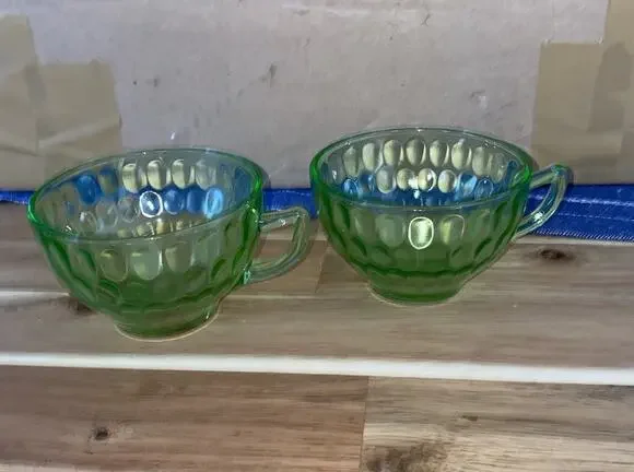 2 Pc Tea Cup Uranium Depression Glass Vintage Set Cups Mugs 1900s Antique Glows