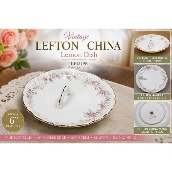 Vintage Lefton China Lemon Dish Pink Roses Gold Trim Scalloped KF1379R Japan 6in