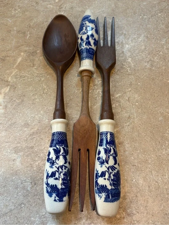 Vintage Blue & White Porcelain Handle Wooden Serving Utensils 3Pc