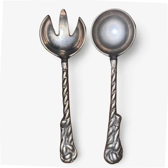 Artesanías de México Mexican Pewter Salad Utensils Silver Rope Hand Finished 90s