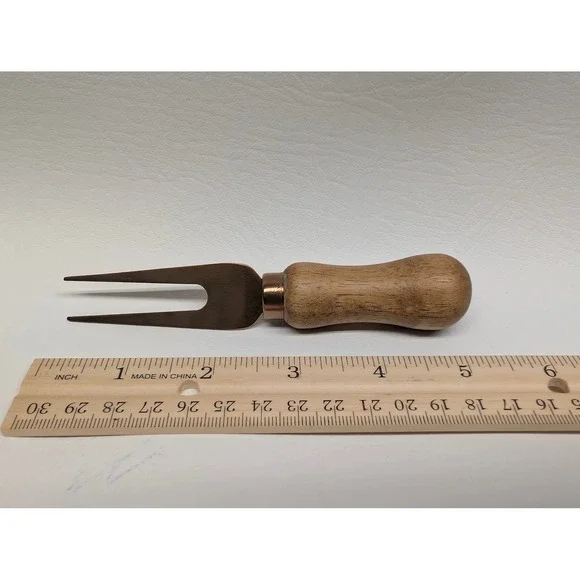 Charcuterie 2-Prong Pickle Olive Cocktail Fork Wood Handle Rose Gold Tone Prongs