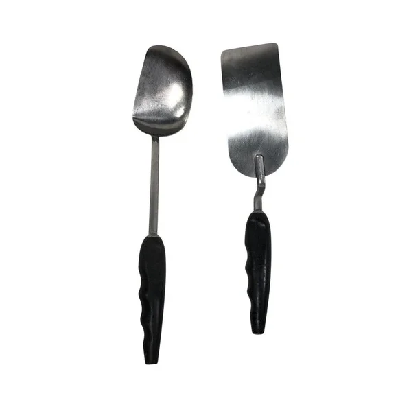 Vintage Stainless Steel Serving Spoon and Spatula Set with Black