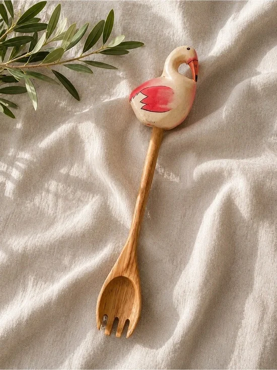 Vintage Wooden Flamingo Salad Server Spoon Fork Tropical Kitchen Utensil Decor