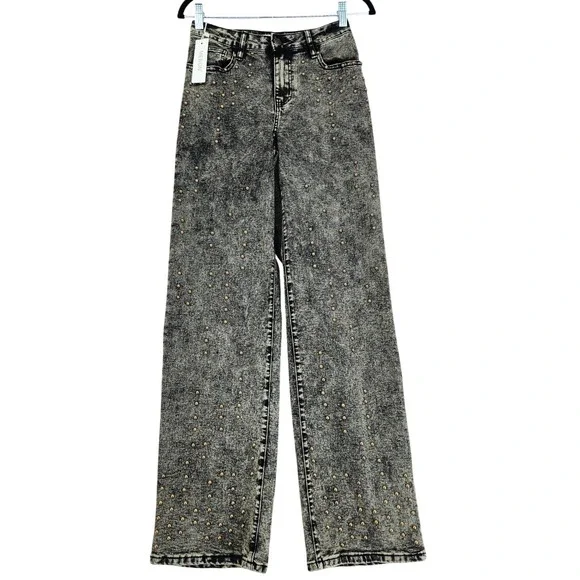 Mebon by Machine Studded Jeans 3 Jr Women Black Acid Wash Wide Leg High Rise NEW
