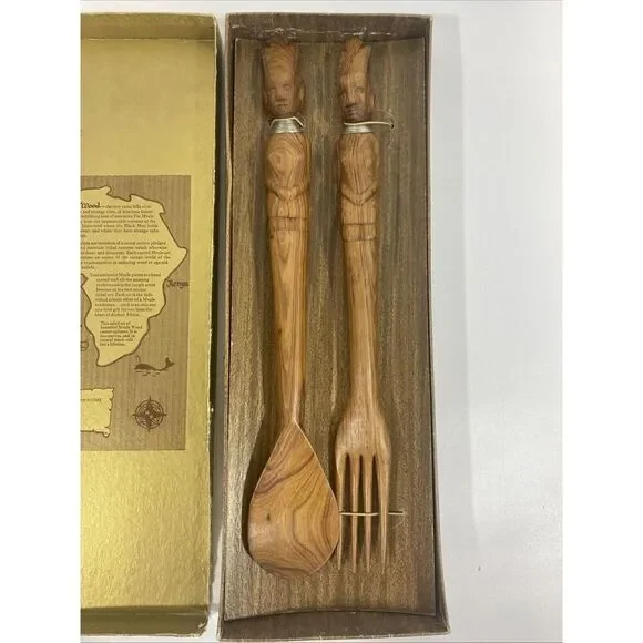 Vintage Salad Server Set African Kenya‎ Mvule Wood Fork Spoon New w/Box