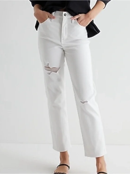 Express White High-Rise Straight Leg Distressed Ankle Jean Size 12L