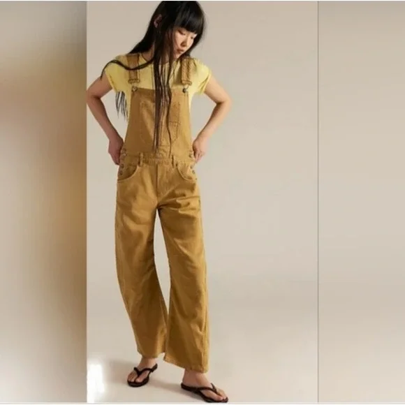 New We The Free People Overalls XS Barrel Leg Good Luck Tan Streetwear Utility