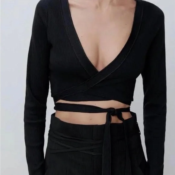 Black Zara Ribbed Wrap Long Sleeve Crop Top Size L