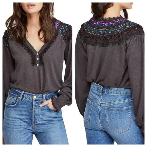 Free People Siesta Fiesta Crochet Top in Black Combo Size XS.