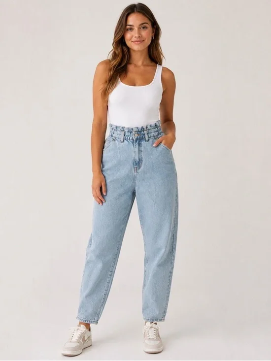Zara Paperbag/Elastic-Waist Barrel Jeans
