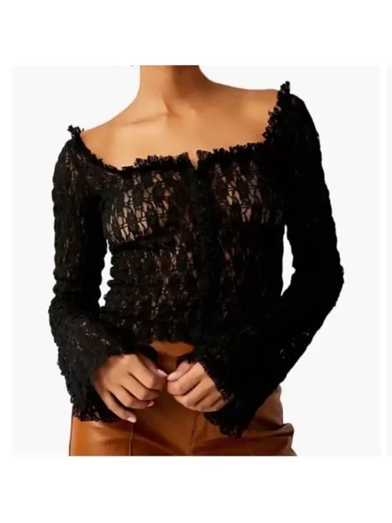 free people XS-S Madison Black Hook Eye Cropped Bell Sleeve Lace Top