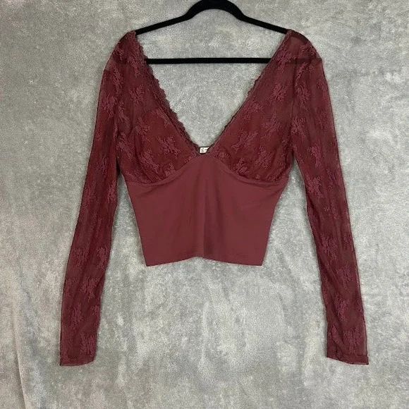 Free People All Day Long Lace Top Womens L Long Sleeve Coquette Boho Romantic