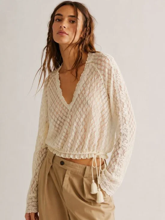 Free People Ivory Lace Polka Dot Sheer Long Sleeve Boho Blouse