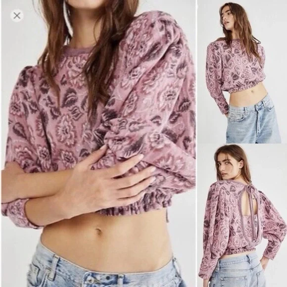 Free People No ordinary Cropped Top Pull Sleeve   Pink Floral Small