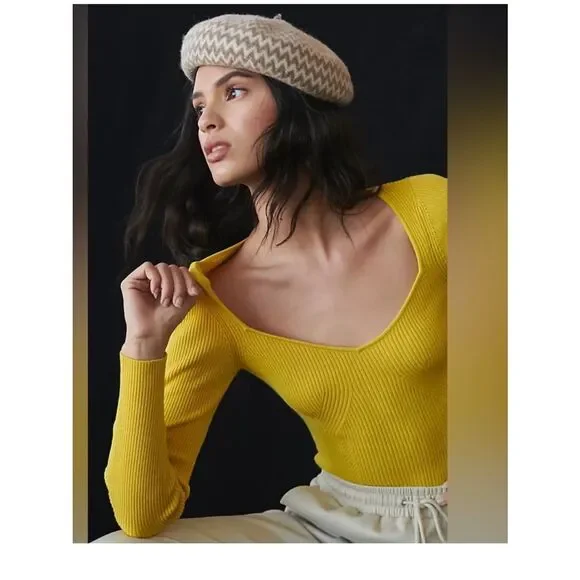 Anthropologie mustard Yellow Ribbed Square-Neck Long-Sleeve Top size Small