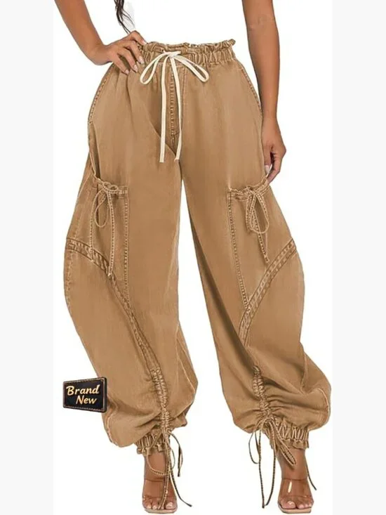 High Waist Baggy Barrel Jeans Y2k Drawstring Cargo Denim Wide Leg Joggers