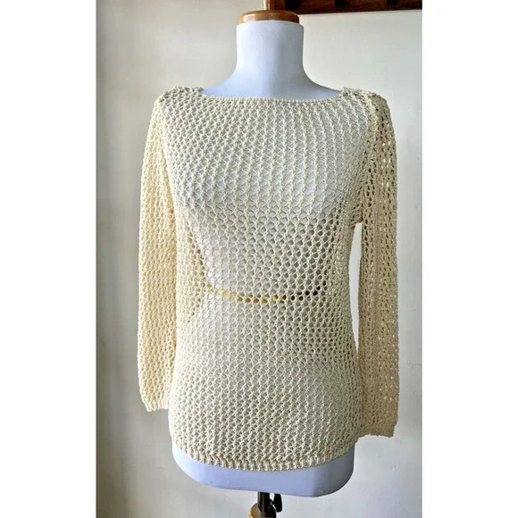 ZARAKNIT Beige Knit Openwork Long Sleeve Boat Neck Women's Top Small