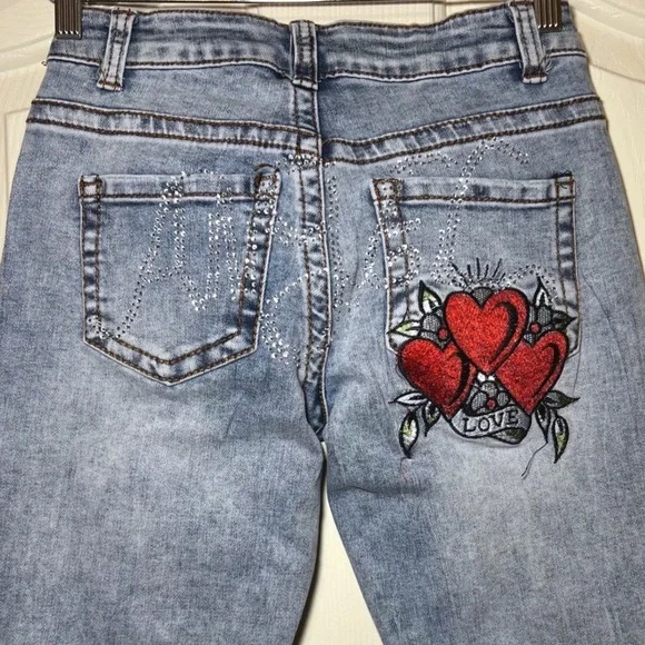 Telepatia Womens Y2K Low Rise Bootcut jeans Ed‎ Hardy Style Embroidery Sz 5/27