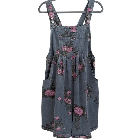 BIB! Floral Denim Shortalls Women XL Blue Pink Rose Print 100% Cotton NWT