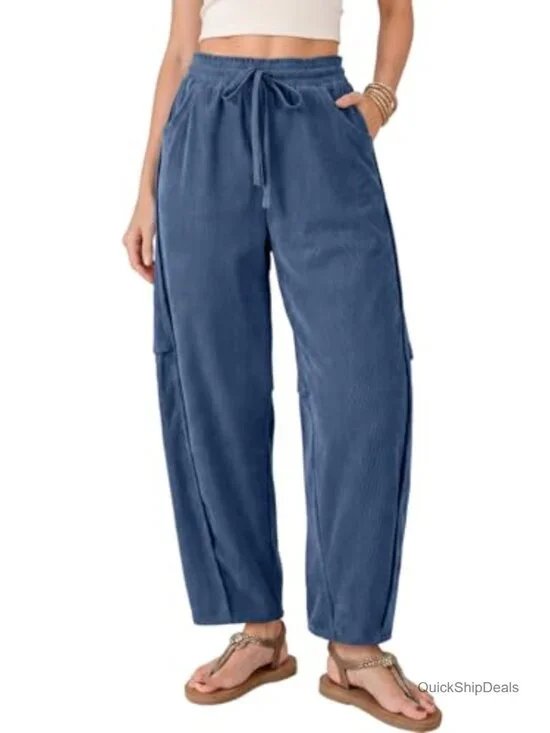Women's Corduroy Barrel Casual Pants with Drawstring, High Rise Wide Leg Fall