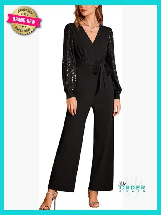 Dressy Long Sleeve Sequin Jumpsuit Sparkly Night Out V Neck Belted One Piece