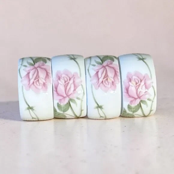 MIKASA Pink Rose Ceramic Napkin Rings Set Of 4