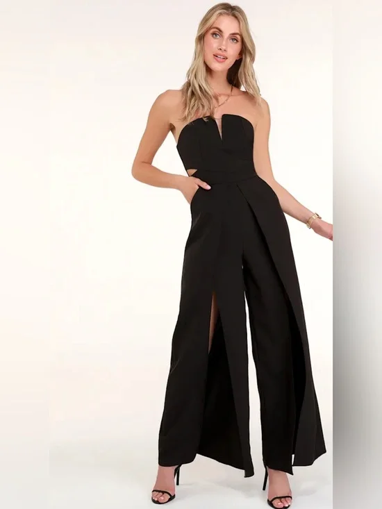 Dream It Black Strapless Front Slit Jumpsuit Size Large