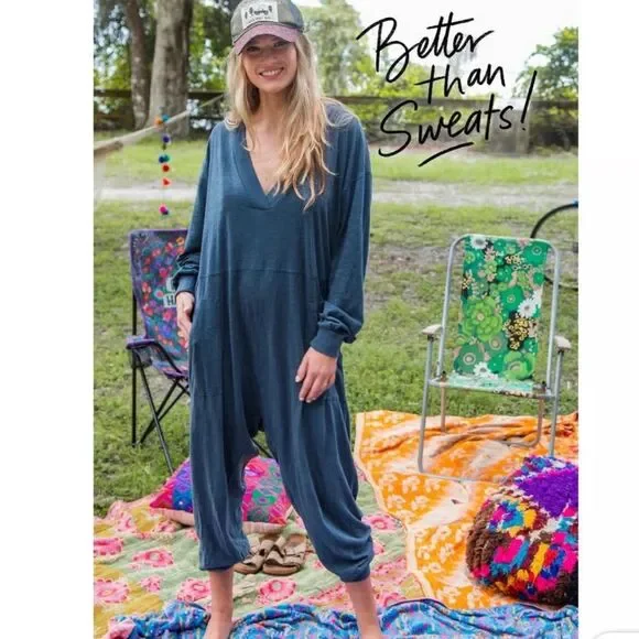 Natural Life Johnny Oversized 100% Cotton Muted Coastal Blue Relaxed Jumpsuit XS