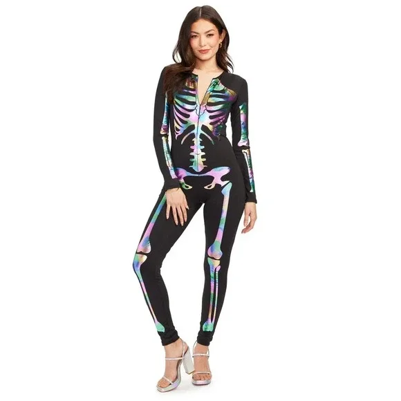 TIPSY ELVES ONE PIECE‎ ZIP UP FITTED SKELETON JUMPSUIT Women's XS IREDESCENT