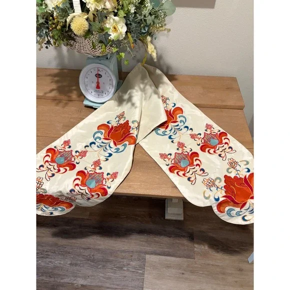 Embroidered Applique Lotus Flower Table Runner~Rust & Blue on Ivory~69