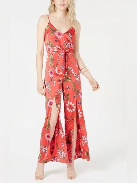 GUESS Red Floral Sleeveless Tie-Front Jumpsuit Size 2