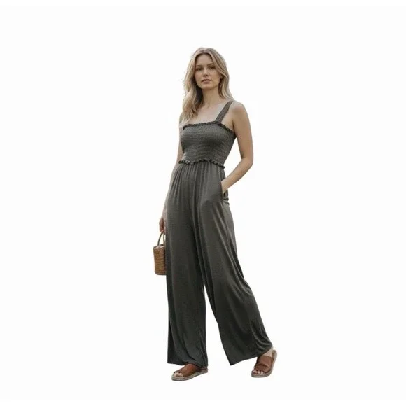 Natural Life Harper Smocked Flowy Wide Leg Jumpsuit Olive Green Heather XS/S