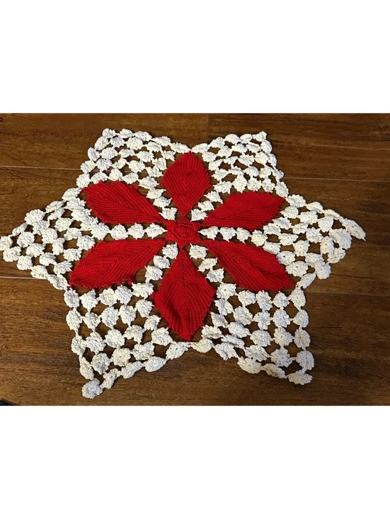 Vintage Handmade Crochet Doily with Red Floral Design