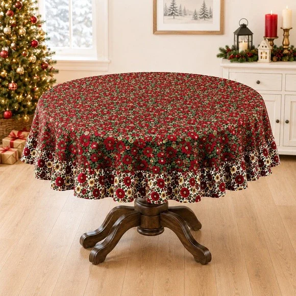 Vintage Christmas Round Tablecloth Ruffled Poinsettia Pinecone Red Green 67