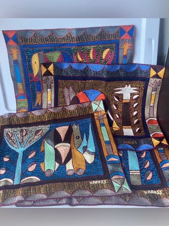 NEW 4 Kaross Safari Animals Embroidered Placemats Tapestry South Africa Art.