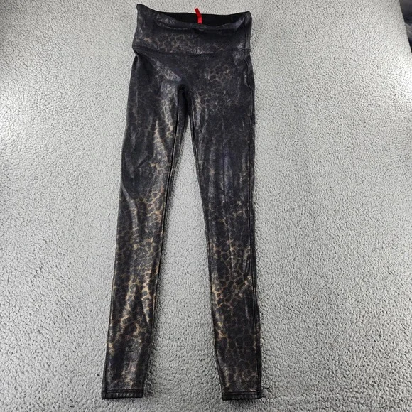 SPANX Leggings Womens Medium Faux Leather Leopard Print Stretch Gym Training‎