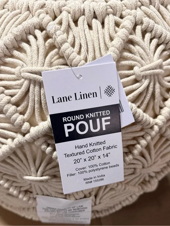 Hand-Knitted Round Pouf in Cream